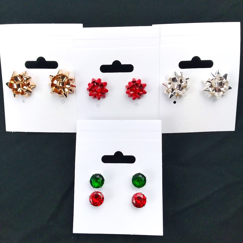 5 Pairs Christmas Theme Rhinestone Round Stud Earrings - Gift Wrap Bows NEW